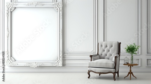 White vintage armchair and table with plant near white wall with photo
