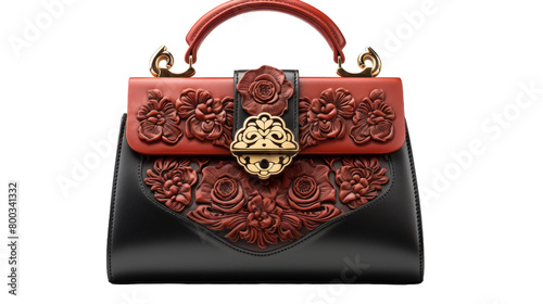 A stunning red and black handbag adorned with vibrant flowers, exuding elegance and style