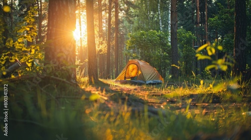 Summer forest camping adventure. enjoying the great outdoors in the woodland wilderness