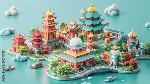 A beautiful 3D illustration of an ancient Chinese city