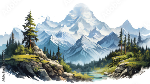 A stunning painting depicting a majestic mountain range with a river meandering through the valley below © FMSTUDIO