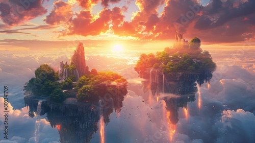 Craft an image depicting a surreal sunset in a fantasy world