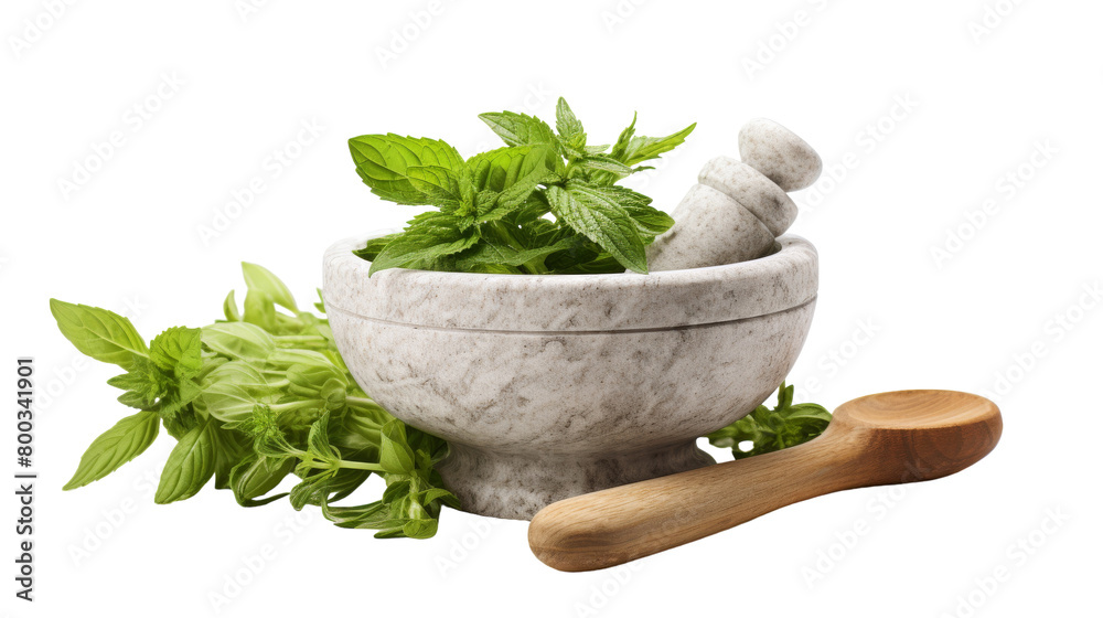 A mortar and pestle sit atop a white background, ready for use in grinding and mixing substances