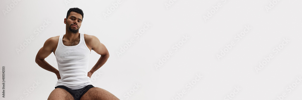 Fototapeta premium Concept of male beauty, sport, body care, health, fitness. Banner. Empty space to insert text