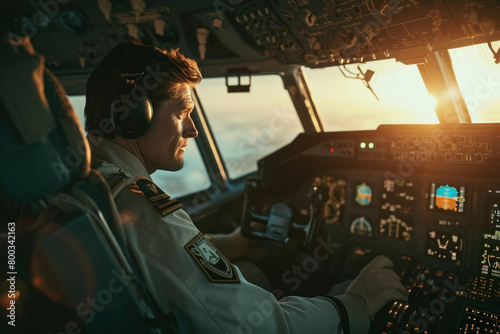 Pilot in cockpit of airplane with sun setting in sky behind him during evening flight