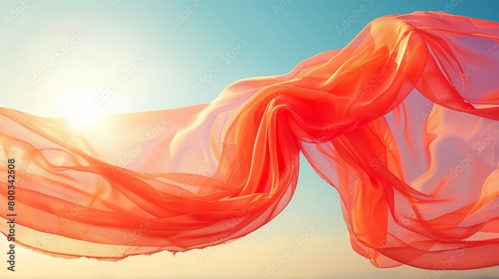 A red scarf flutters in the wind against a backdrop of bright blue sky and sun's rays penetrating its fabric A red scarf flutters in the wind against a backdrop of bright blue sky and sun's rays penetrating its fabric