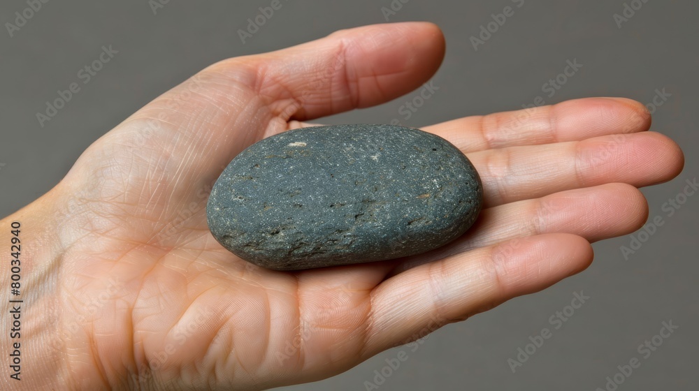 Person's hand holds solitary rock on gray backdrop Only one rock remains in palm Person's hand holds solitary rock on gray backdrop Only one rock remains in palm