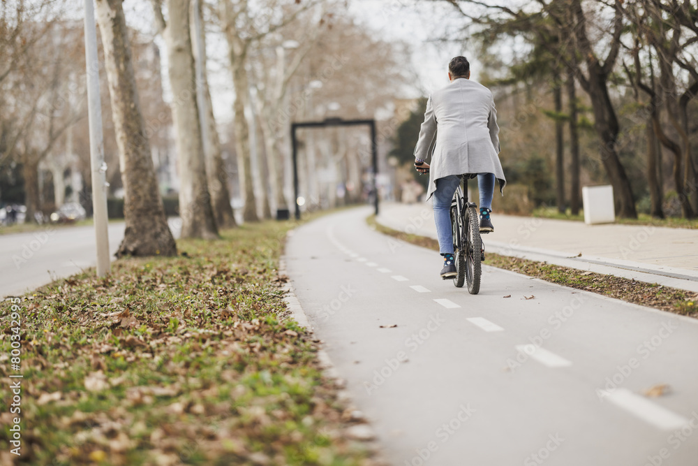 Fototapeta premium Man Riding Bicycle Down Tree-Lined Cycle Lane