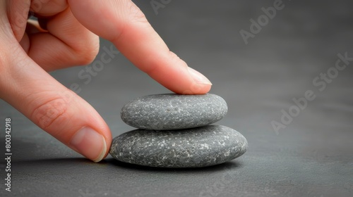  A person stacks rocks by balancing one atop another using their fingertips