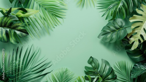 Tropical leaves on pastel green background with copy space