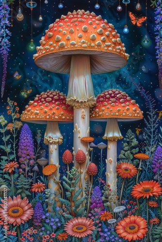 A painting of a group of mushrooms in the middle of flowers, AI