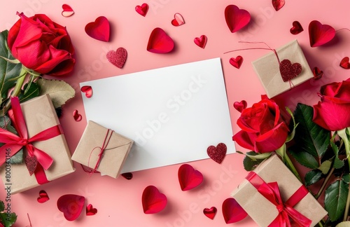 Valentines Day background with red roses, hearts and gift boxes on pink background with blank white card © Moinul