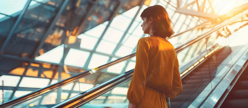 Young woman on an escalator at an airport. Road to adventure, travel, vacation. Young woman on an escalator at an airport. Road to adventure, travel, vacation.