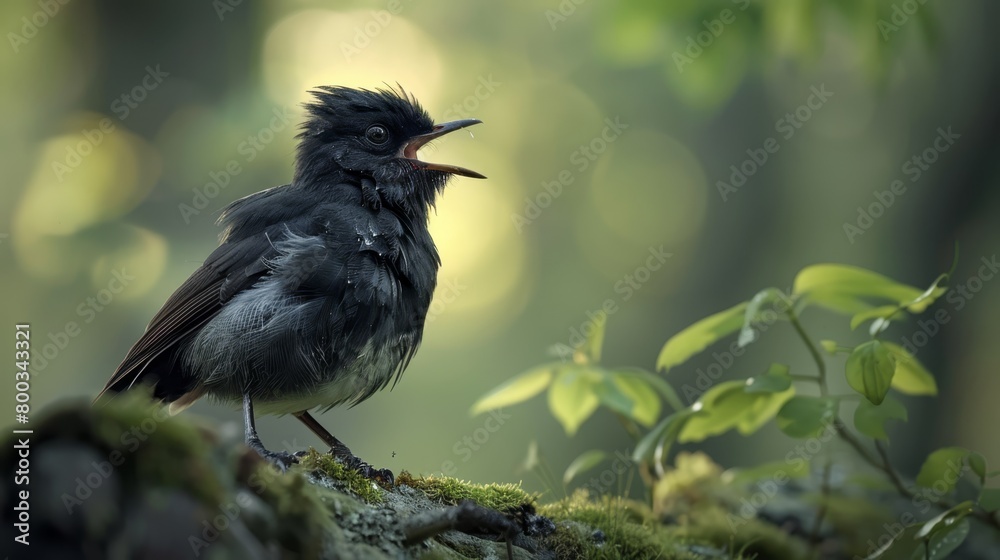 Obraz premium A black bird with a lengthy beak gapes on a moss-covered branch