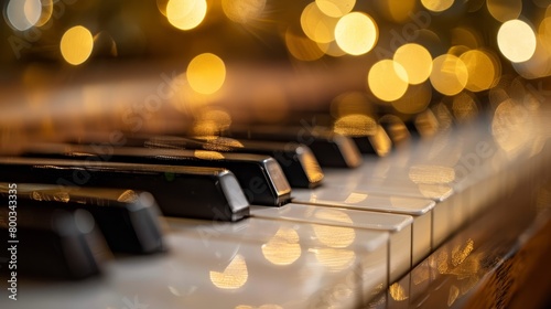  A tight shot of a piano keyboard aglow with numerous lights lining its sides in the backdrop