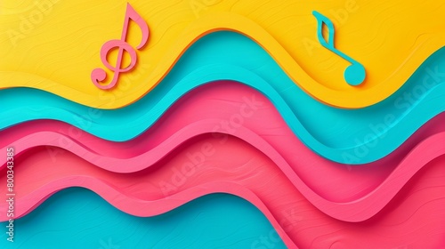  A music note atop a multicolored wave of staff paper, adorned with additional notes