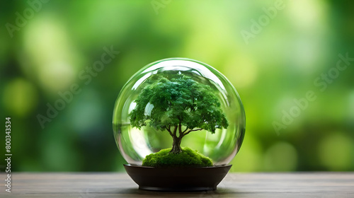 The tree is in a clear glass ball  the concept of loving the world and preserving the environment and conserve energy and prevent nature from being destroyed.