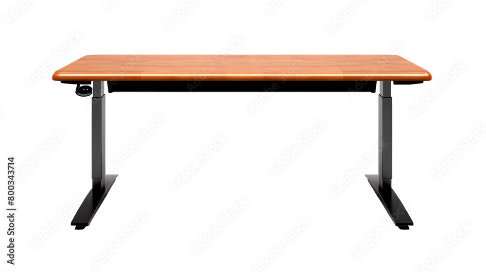 A desk with a rich wooden top supported by sleek black legs on transparent background A desk with a rich wooden top supported by sleek black legs on transparent background