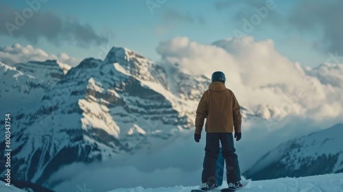 Young man snowboarding in the mountains generative ai