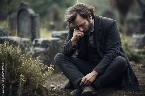 Sad man near a grave in cemetery