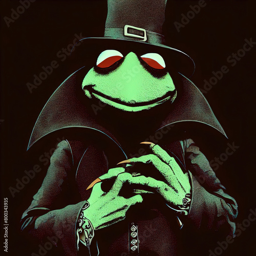 Kermit the frog as nosferatu in society 1989, highly dcentered, Ai generated illustration photo