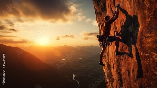 Athletic man climbs an overhanging rock with rope, lead climbing. silhouette of a rock climber on a mountain background. outdoor sports and recreation 