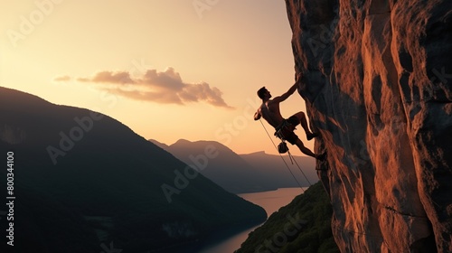Athletic man climbs an overhanging rock with rope, lead climbing. silhouette of a rock climber on a mountain background. outdoor sports and recreation  © ALI