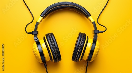  Yellow headphones with black cord against a yellow background The headphones are yellow with black earpads and a black cord lies atop them photo