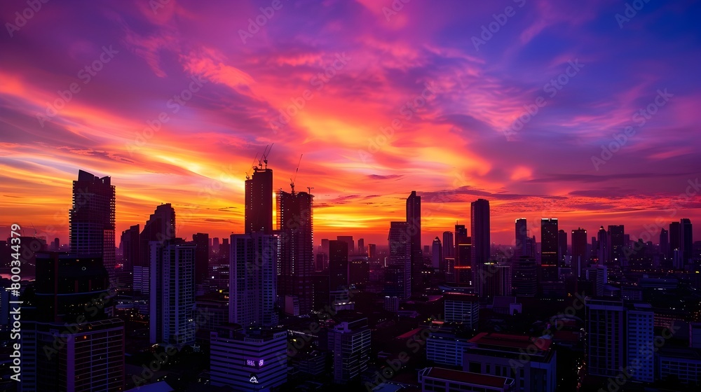 Fototapeta premium Dramatic Cityscape with Vibrant Sunset Over Bangkok Skyline