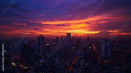 Dramatic Twilight Skyline of Bustling Bangkok Metropolis Silhouetted Against Vibrant Orange and