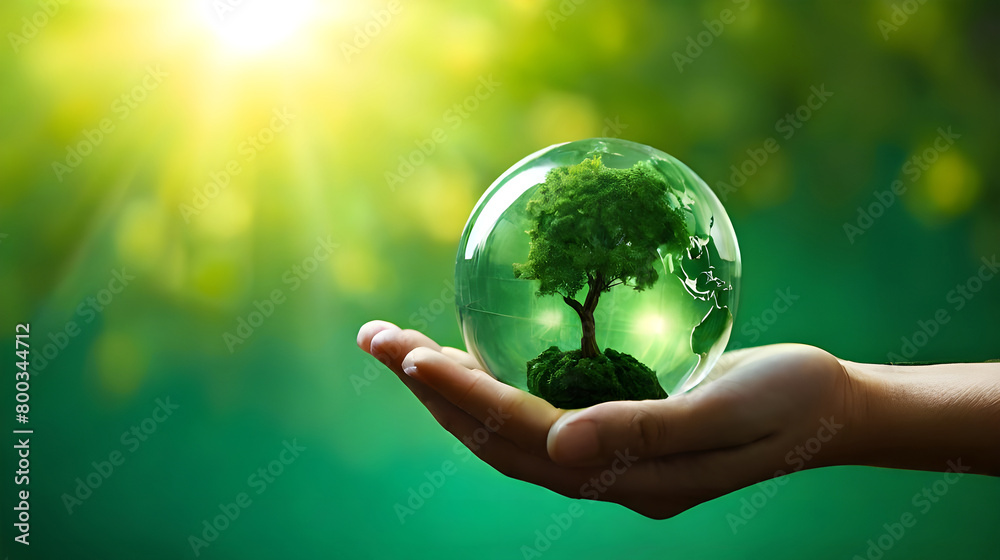 The tree is in a clear glass ball and growing tree in human hand, he concept of loving the world and preserving the environment, conserve energy and prevent nature from being destroyed.