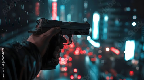 Modern Firearm at the Ready: A Lone Hand Against the Chaotic Nighttime Cityscape