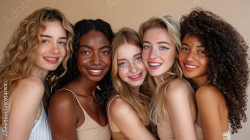 Diverse women group, different multiethnic girls models standing together on background looking at camera advertising beauty cosmetic skin care products. Aesthetic portrait.