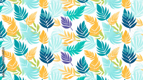 A seamless vector pattern with stylized tropical leaves in blue, green and yellow colors.