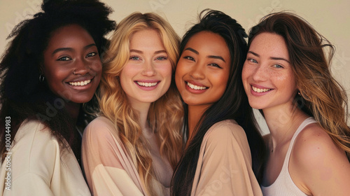Diverse women group, different multiethnic girls models standing together on background looking at camera advertising beauty cosmetic skin care products. Aesthetic portrait.