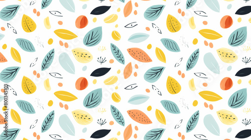 Colorful seamless pattern with abstract leaves and geometric shapes.