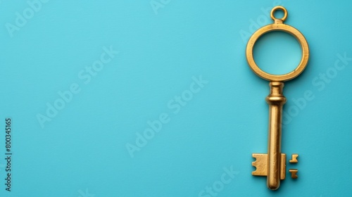   A golden key against a blue backdrop, reflecting in its keyhole © Mikus