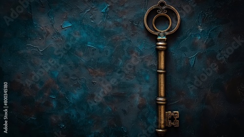  A golden key against a black background features a blue wall in the distance The key itself possesses a central hole