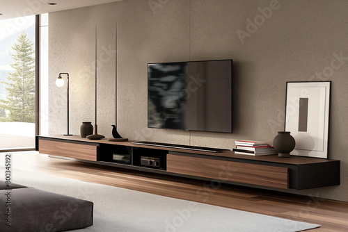 Sleek minimalist tv stand with clean lines and ample storage space, in a contemporary living room setting photo