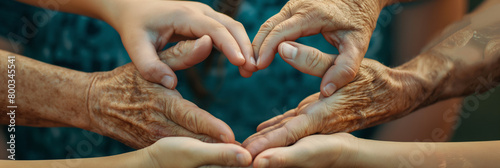 Multiple generations hands creating a heart shape together, representing love, family, care, and unity across ages photo