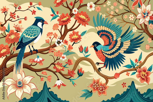 A colorful painting of two birds on a branch with flowers in the background