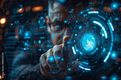 A businessman confidently holds a glowing security padlock button on a virtual screen  Close-up on a hand interacting with futuristic interface  person behind blurred  signifies cutting-edge.