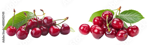 Cherries with leaves isolated on a transparent background