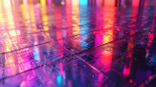 A close-up of a metallic surface, shimmering with a smooth, mirror-like finish, reflecting a neon cityscape photo