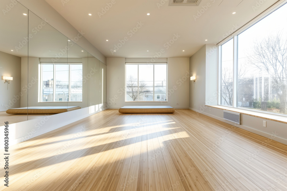 Fototapeta premium Spacious and serene yoga studio featuring natural bamboo floors and large windows with ample sunlight