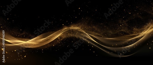 Glittering gold dust and particles wave on a black background, creating a luxurious and futuristic atmosphere,