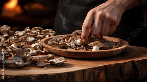 A close-up of fresh morel mushrooms being cleaned by a chef, with emphasis on their unique texture, set against a soft, neutral background,