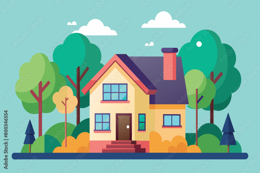 Fototapeta premium A house with a porch and a chimney sits in front of a forest