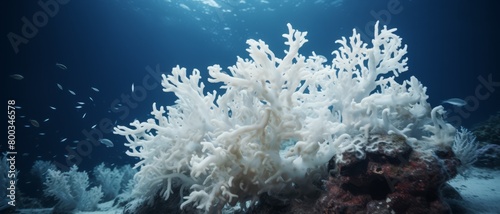 Underwater shot focusing on a stark white bleached coral contrasted by dark ocean depths in the background, photo