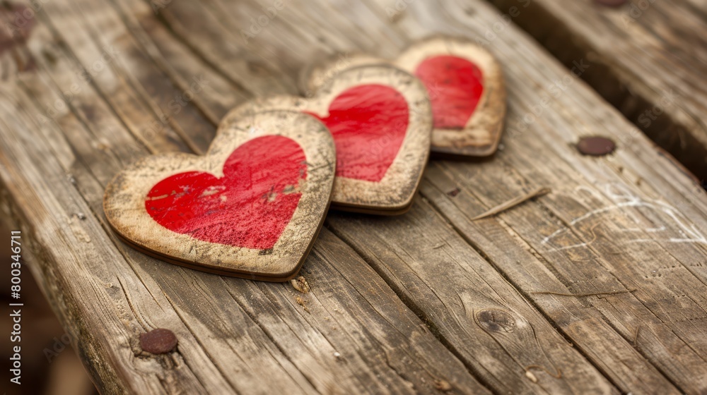   Two heart-shaped cookies rest atop a weathered wood table, accompanied by additional heart-shaped cookies nearby
